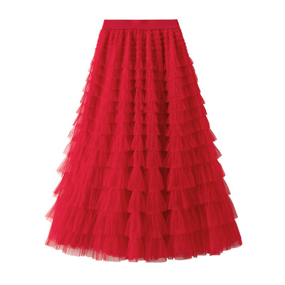 Women's A-Line Mesh Ruffle Maxi Skirt Slim Fit Sweet Flowy Long Skirt