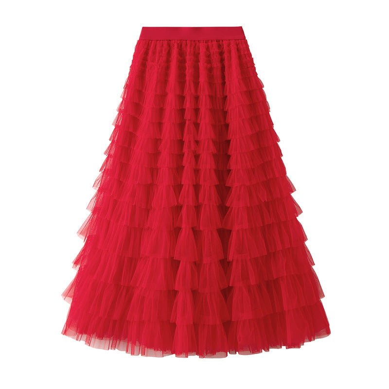 Women's A-Line Mesh Ruffle Maxi Skirt Slim Fit Sweet Flowy Long Skirt
