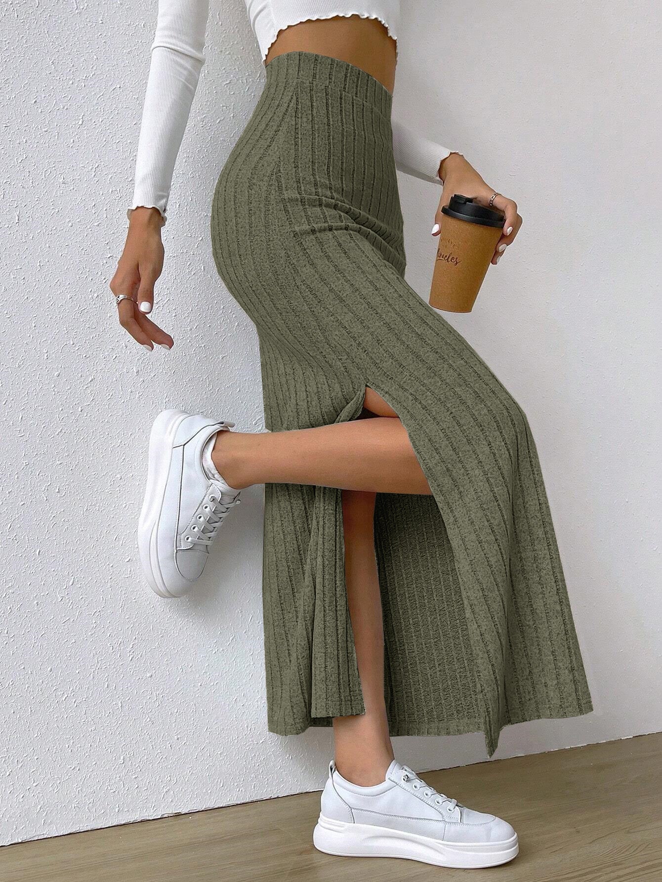 High Waist Knit Maxi Skirt with Side Slit Slim Fit Spring Long Skirt for Women
