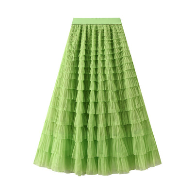 Women's A-Line Mesh Ruffle Maxi Skirt Slim Fit Sweet Flowy Long Skirt