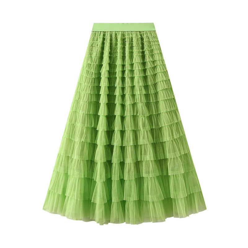 Women's A-Line Mesh Ruffle Maxi Skirt Slim Fit Sweet Flowy Long Skirt