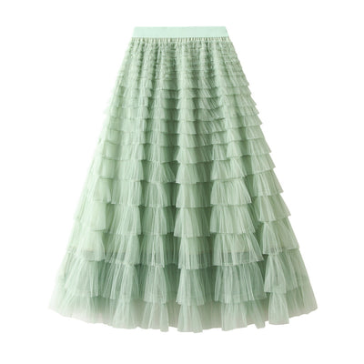 Women's A-Line Mesh Ruffle Maxi Skirt Slim Fit Sweet Flowy Long Skirt