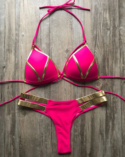 Bronzing Strappy Bikini Set Triangle Top Two Piece Swimsuit