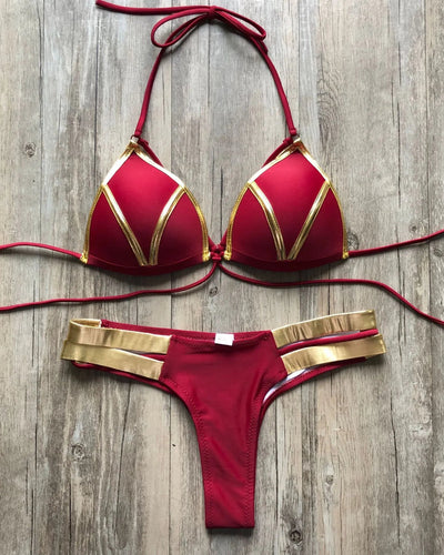Bronzing Strappy Bikini Set Triangle Top Two Piece Swimsuit