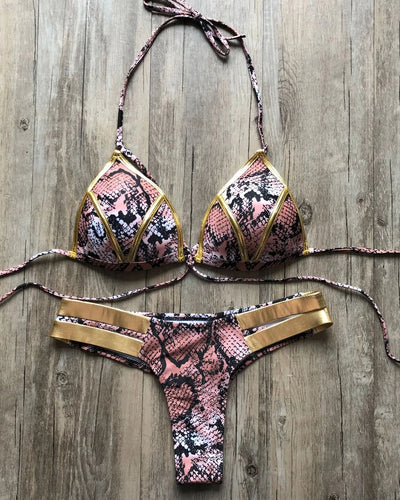 Bronzing Strappy Bikini Set Triangle Top Two Piece Swimsuit