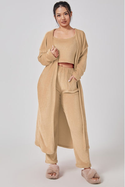 Women's 3 Piece Pajama Set Cozy Fleece Lounge Set Top Pants and Cardigan Winter