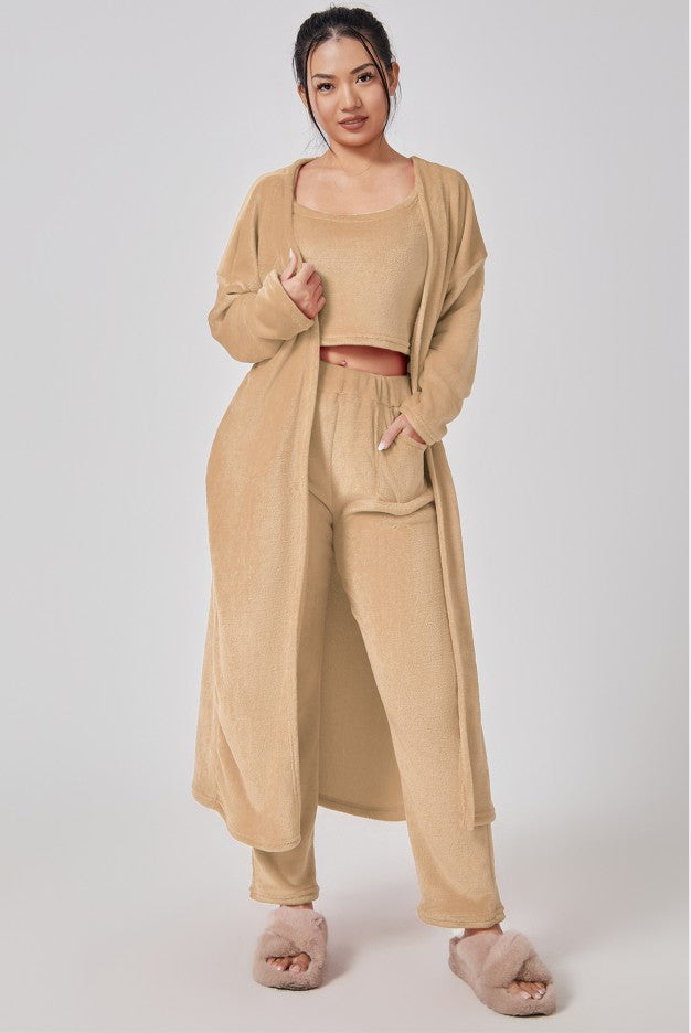 Women's 3 Piece Pajama Set Cozy Fleece Lounge Set Top Pants and Cardigan Winter