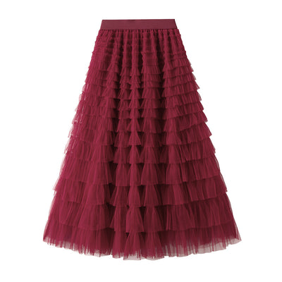 Women's A-Line Mesh Ruffle Maxi Skirt Slim Fit Sweet Flowy Long Skirt