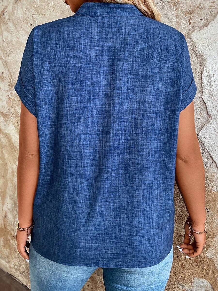 V Neck Stand Collar Short Sleeve Casual Blouse Top