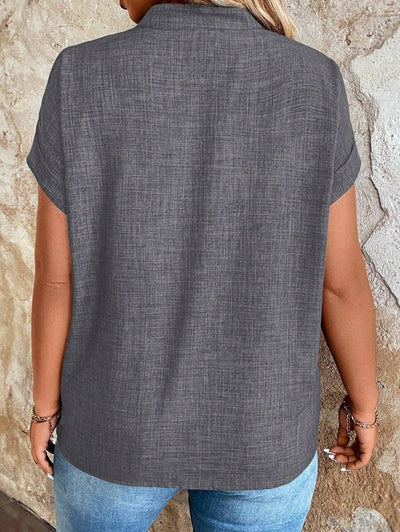 V Neck Stand Collar Short Sleeve Casual Blouse Top