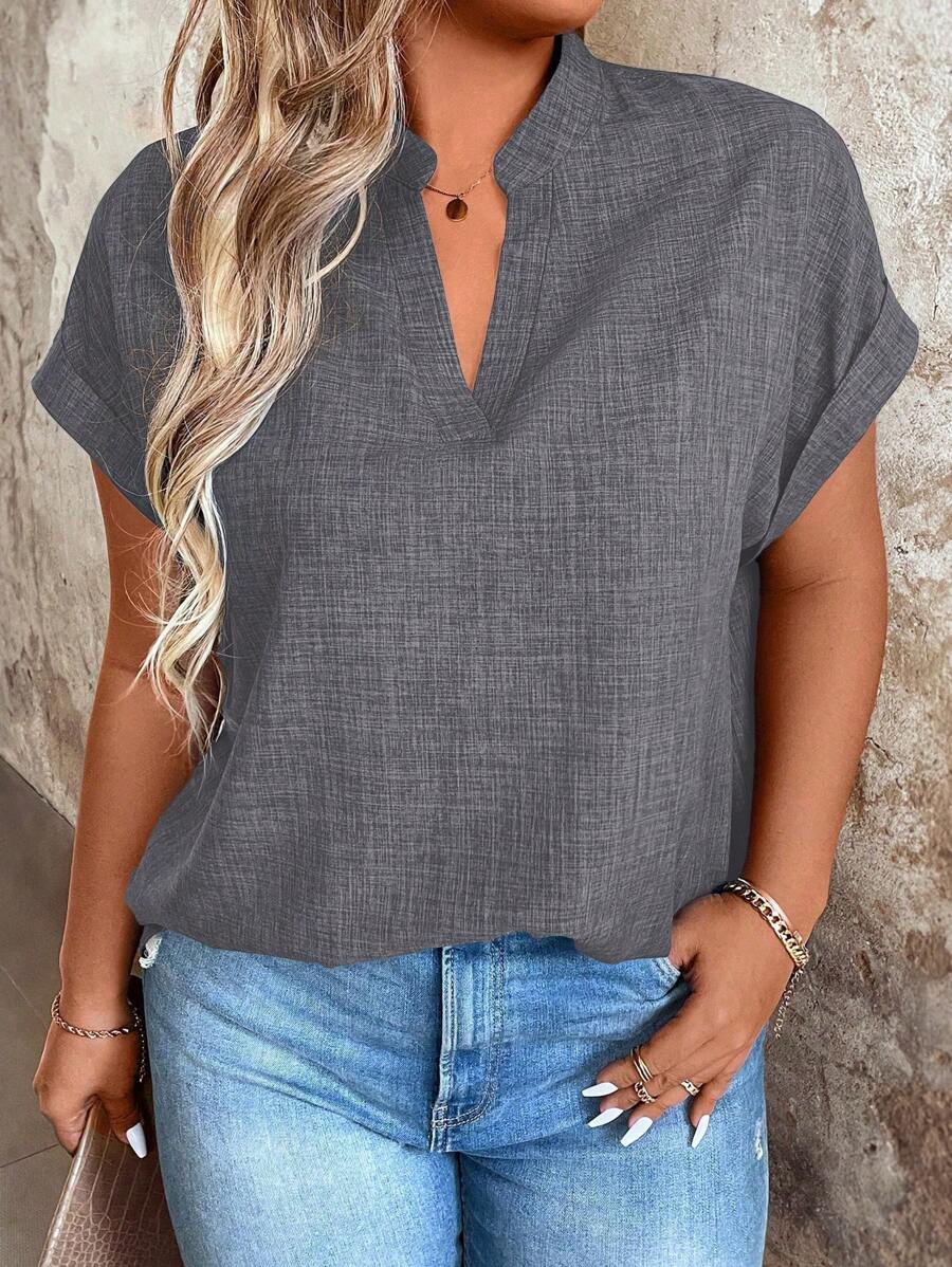 V Neck Stand Collar Short Sleeve Casual Blouse Top