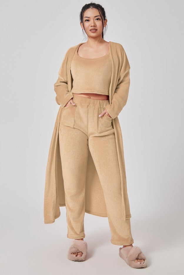 Women's 3 Piece Pajama Set Cozy Fleece Lounge Set Top Pants and Cardigan Winter