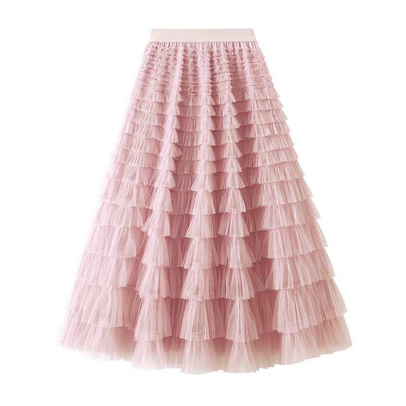 Women's A-Line Mesh Ruffle Maxi Skirt Slim Fit Sweet Flowy Long Skirt