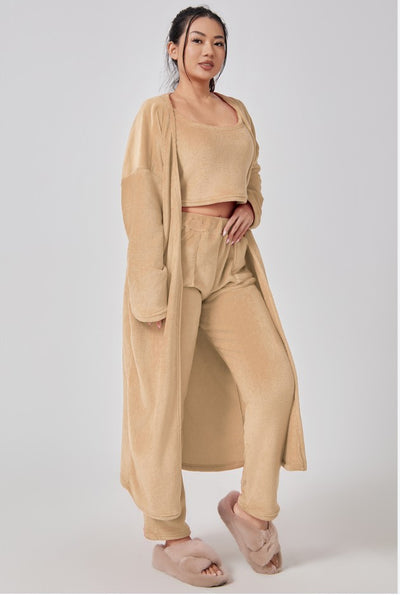Women's 3 Piece Pajama Set Cozy Fleece Lounge Set Top Pants and Cardigan Winter