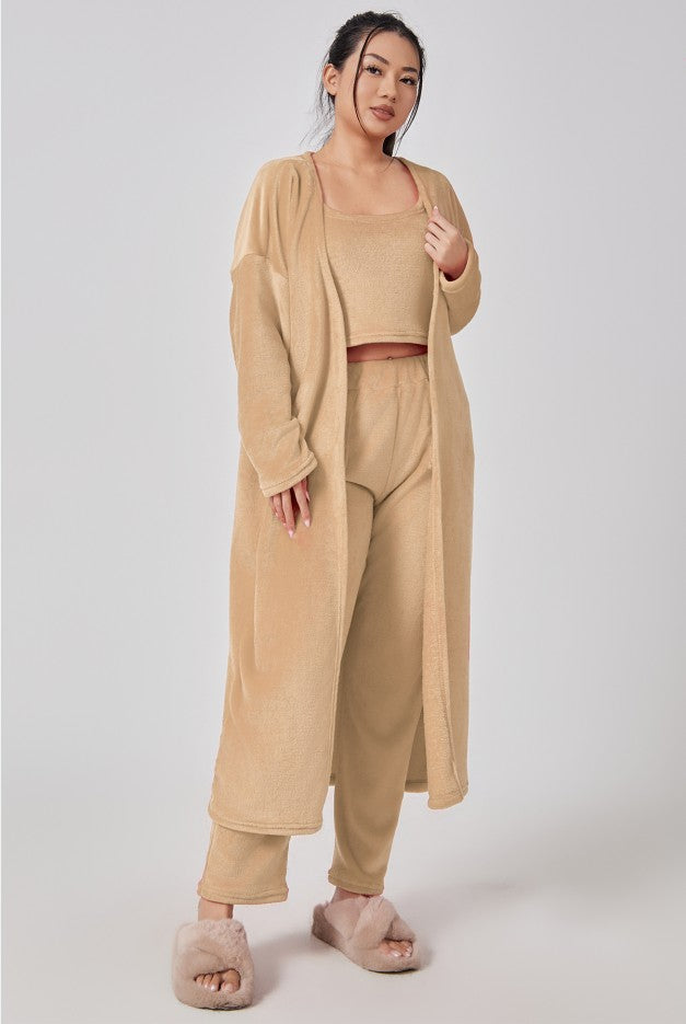 Women's 3 Piece Pajama Set Cozy Fleece Lounge Set Top Pants and Cardigan Winter