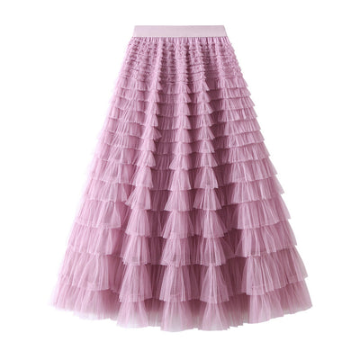 Women's A-Line Mesh Ruffle Maxi Skirt Slim Fit Sweet Flowy Long Skirt