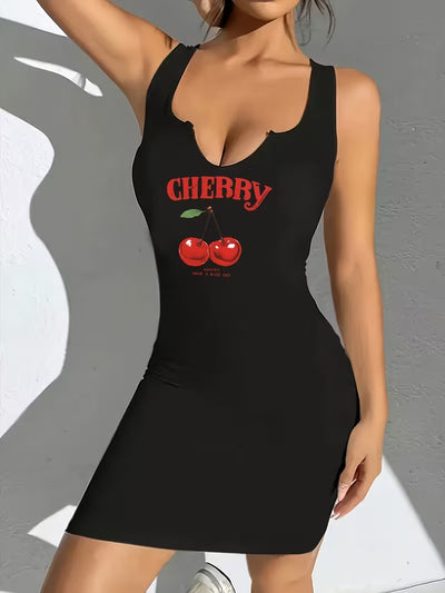 Cherry Pattern Sleeveless Fitted Mini Dress For Women