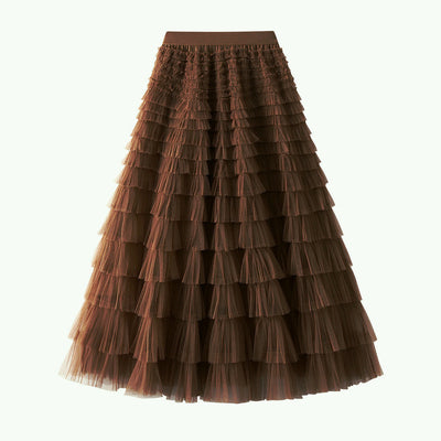 Women's A-Line Mesh Ruffle Maxi Skirt Slim Fit Sweet Flowy Long Skirt