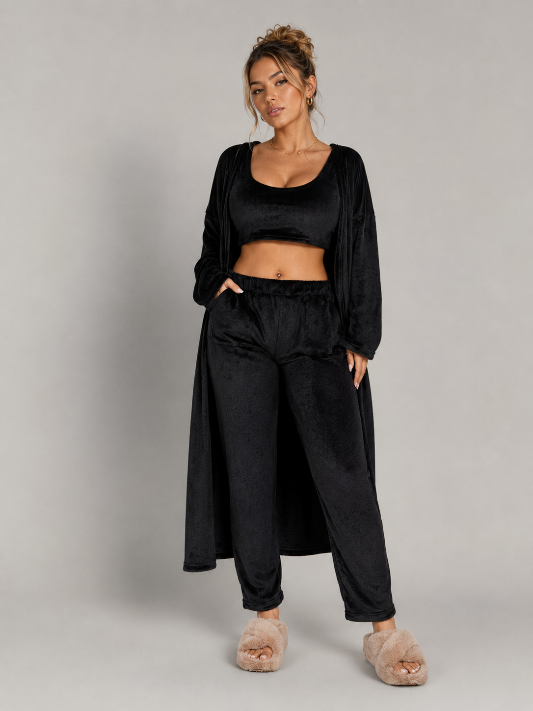 Women's 3 Piece Pajama Set Cozy Fleece Lounge Set Top Pants and Cardigan Winter