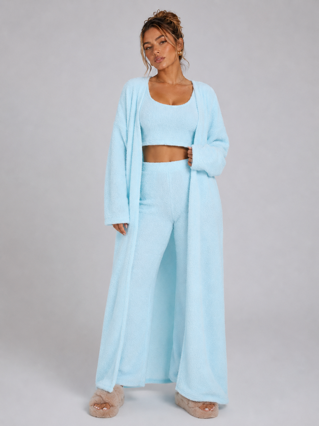 Women's 3 Piece Pajama Set Cozy Fleece Lounge Set Top Pants and Cardigan Winter