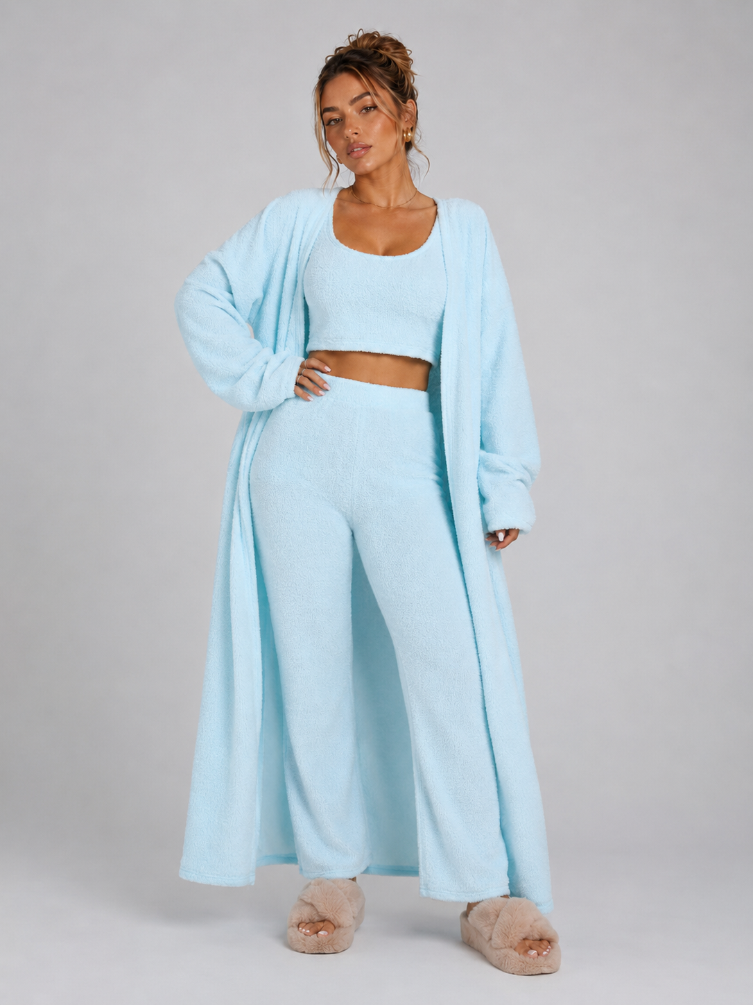 Women's 3 Piece Pajama Set Cozy Fleece Lounge Set Top Pants and Cardigan Winter