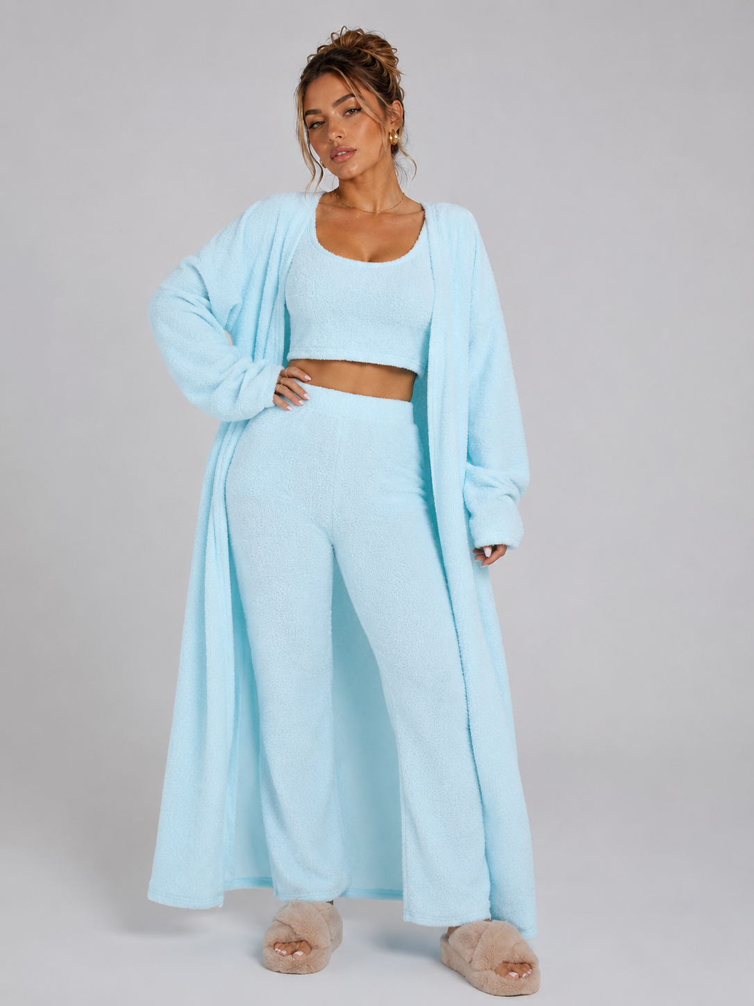 Women's 3 Piece Pajama Set Cozy Fleece Lounge Set Top Pants and Cardigan Winter