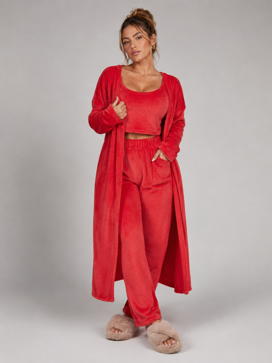 Women's 3 Piece Pajama Set Cozy Fleece Lounge Set Top Pants and Cardigan Winter