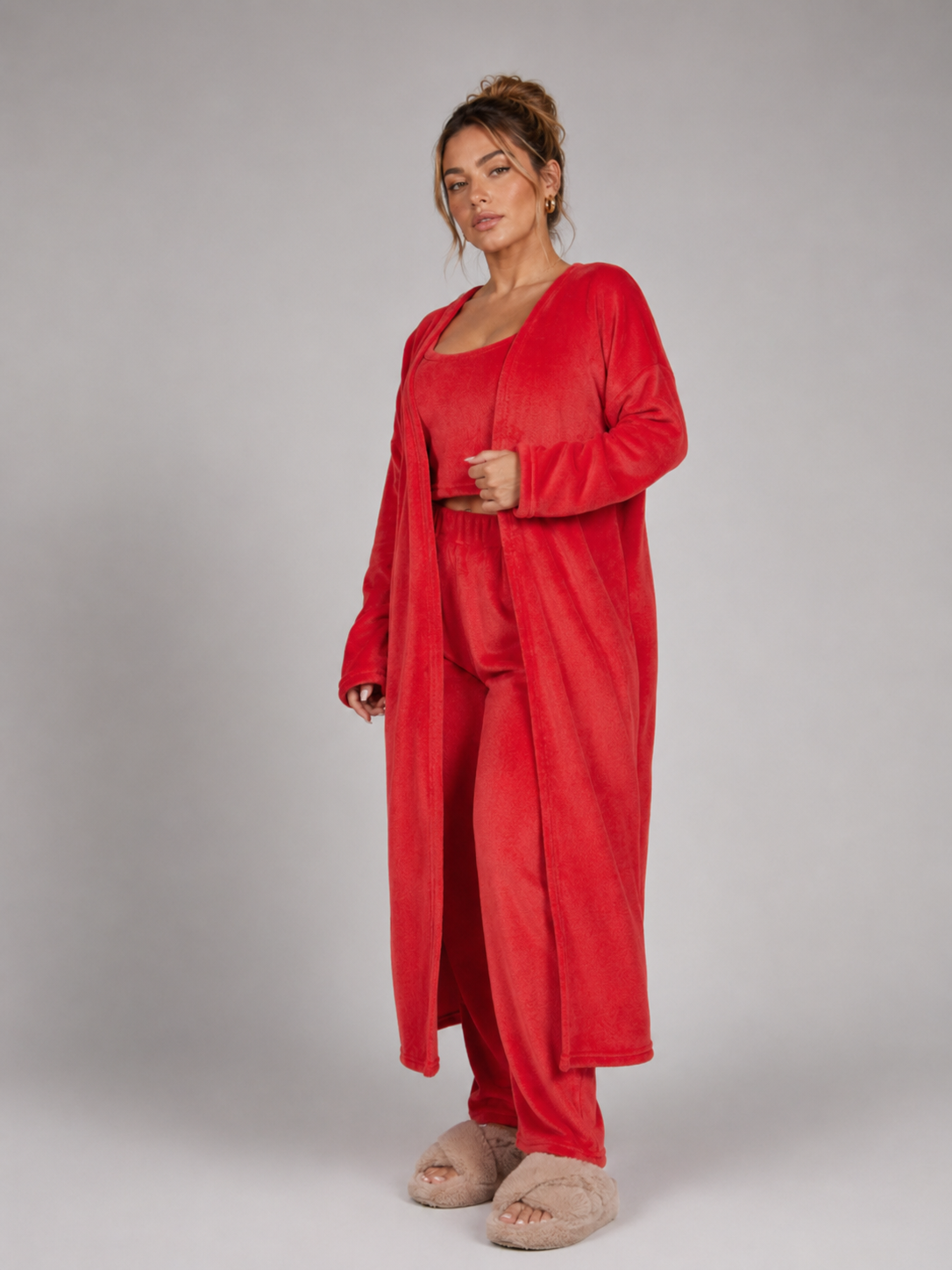 Women's 3 Piece Pajama Set Cozy Fleece Lounge Set Top Pants and Cardigan Winter