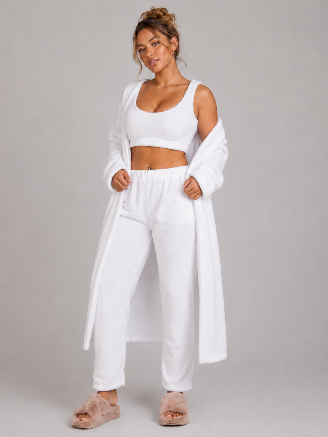 Women's 3 Piece Pajama Set Cozy Fleece Lounge Set Top Pants and Cardigan Winter