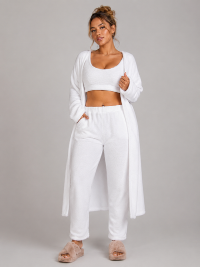 Women's 3 Piece Pajama Set Cozy Fleece Lounge Set Top Pants and Cardigan Winter