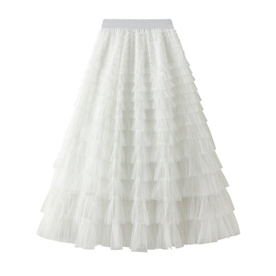 Women's A-Line Mesh Ruffle Maxi Skirt Slim Fit Sweet Flowy Long Skirt