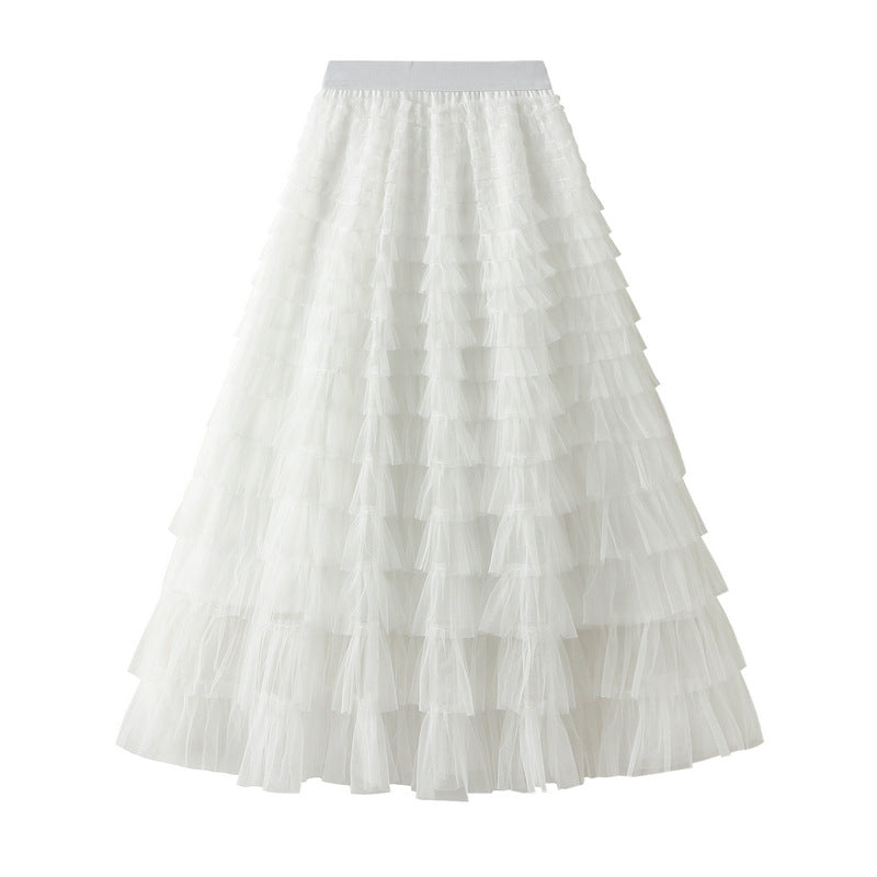 Women's A-Line Mesh Ruffle Maxi Skirt Slim Fit Sweet Flowy Long Skirt