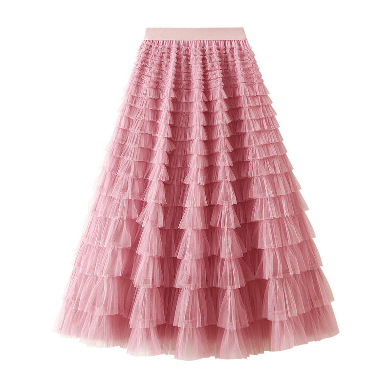 Women's A-Line Mesh Ruffle Maxi Skirt Slim Fit Sweet Flowy Long Skirt