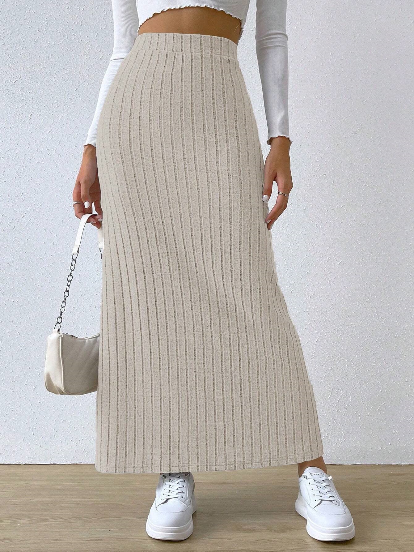 High Waist Knit Maxi Skirt with Side Slit Slim Fit Spring Long Skirt for Women