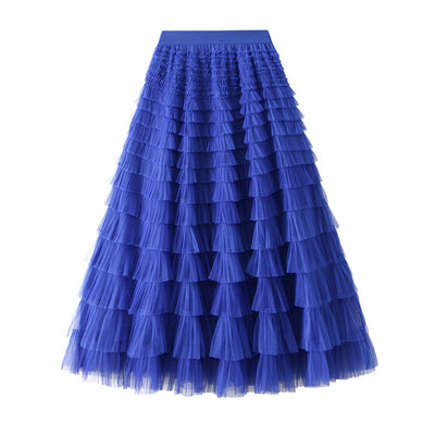 Women's A-Line Mesh Ruffle Maxi Skirt Slim Fit Sweet Flowy Long Skirt