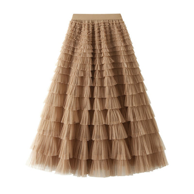 Women's A-Line Mesh Ruffle Maxi Skirt Slim Fit Sweet Flowy Long Skirt