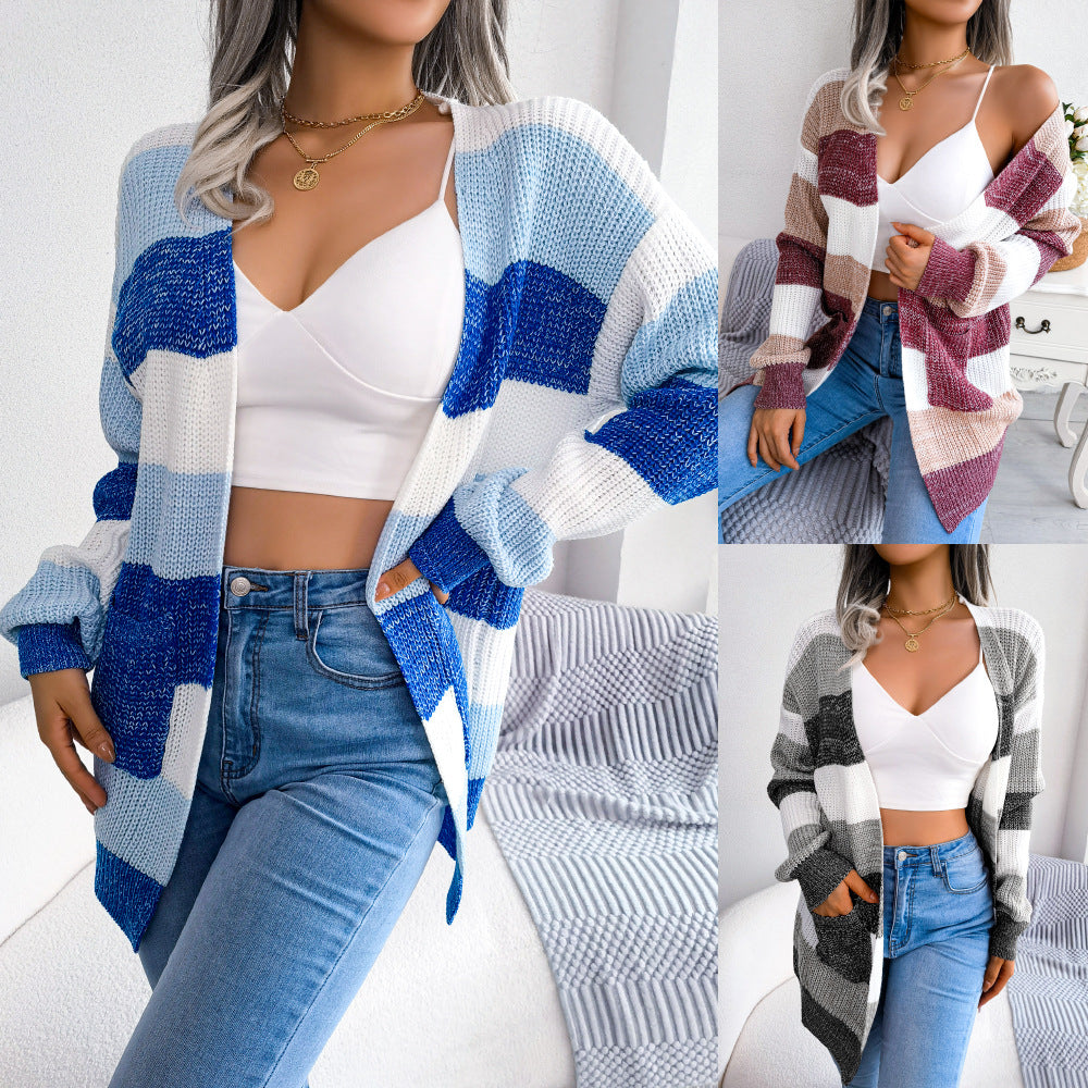 Women's Plaid Cardigan Sweater Lantern Sleeve Casual Jacket Outerwear