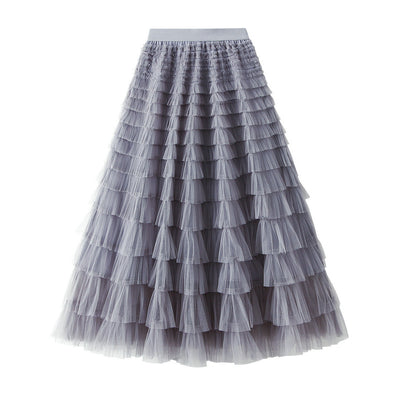 Women's A-Line Mesh Ruffle Maxi Skirt Slim Fit Sweet Flowy Long Skirt