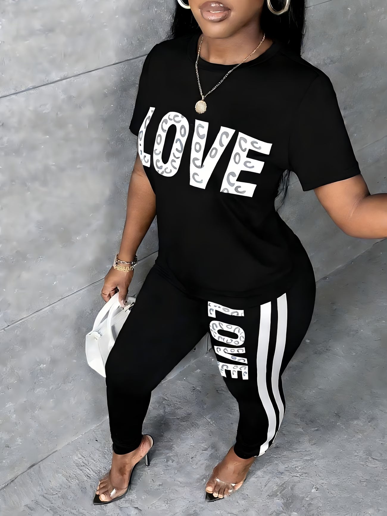 Letter Print Short Sleeve Top and Pants 2 Piece Casual Sports Set