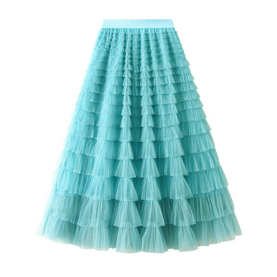 Women's A-Line Mesh Ruffle Maxi Skirt Slim Fit Sweet Flowy Long Skirt