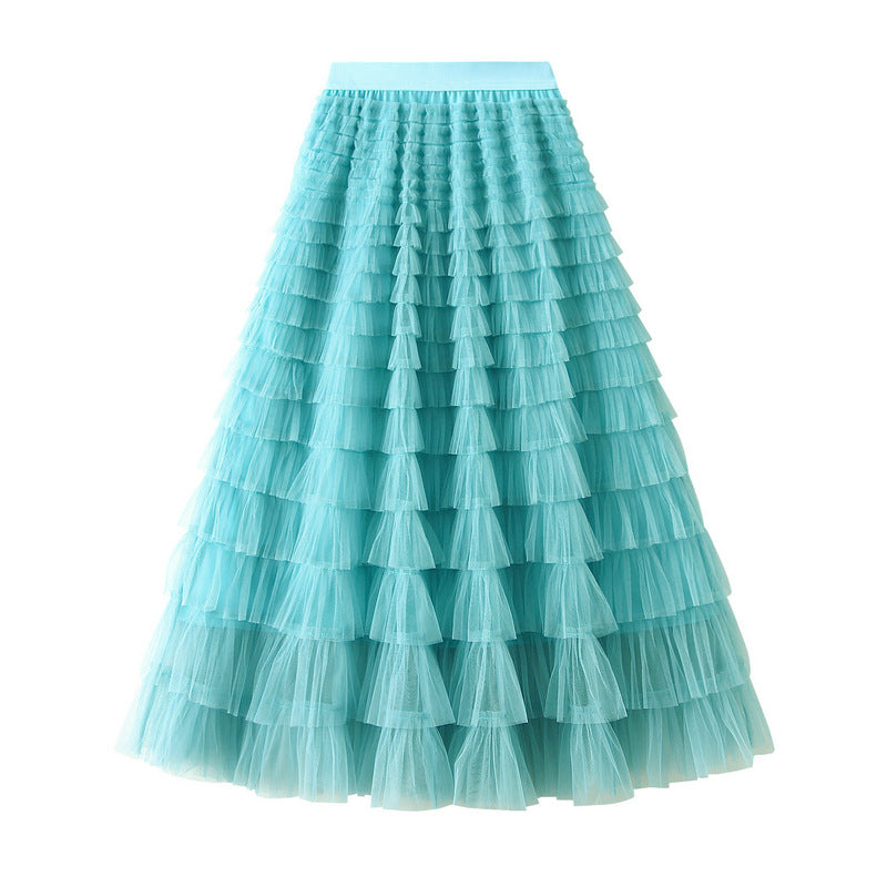 Women's A-Line Mesh Ruffle Maxi Skirt Slim Fit Sweet Flowy Long Skirt