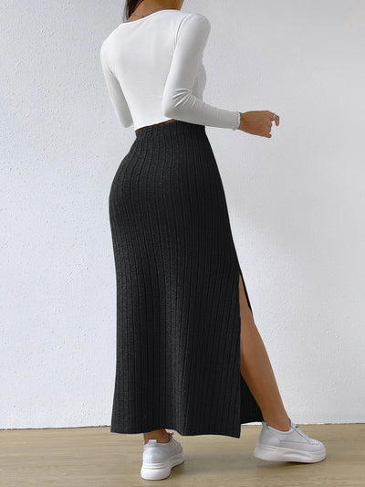High Waist Knit Maxi Skirt with Side Slit Slim Fit Spring Long Skirt for Women