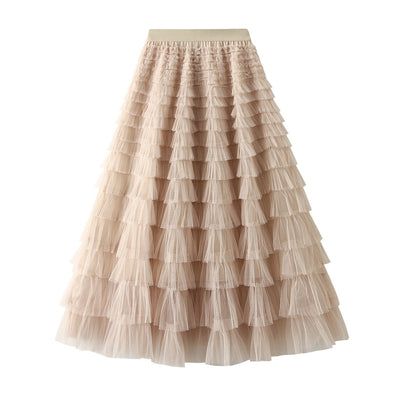 Women's A-Line Mesh Ruffle Maxi Skirt Slim Fit Sweet Flowy Long Skirt