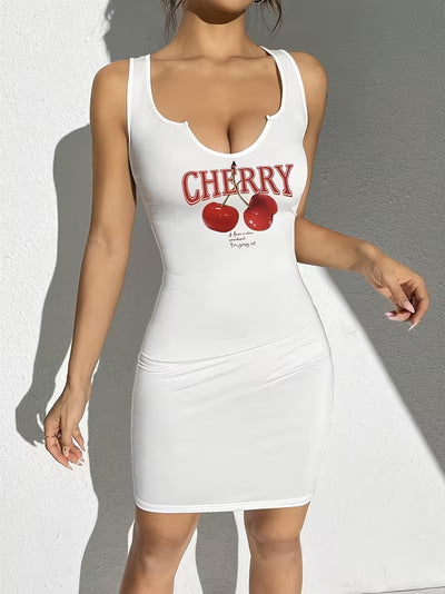 Cherry Pattern Sleeveless Fitted Mini Dress For Women