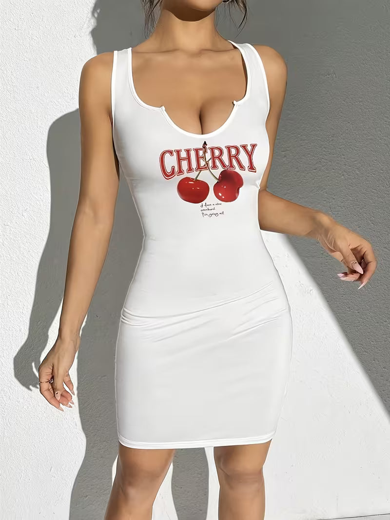 Cherry Pattern Sleeveless Fitted Mini Dress For Women