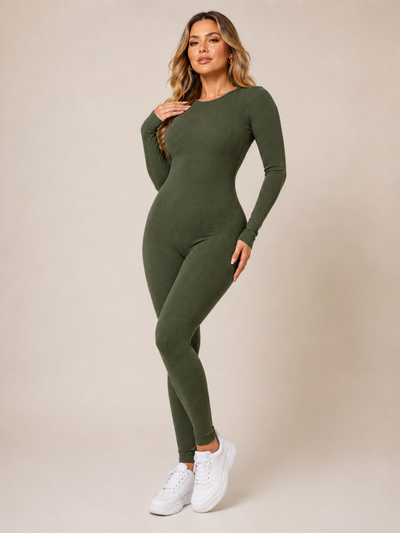 Ribbed Knit Long Sleeve Jumpsuit Solid Color Round Neck Slim Fit Romper