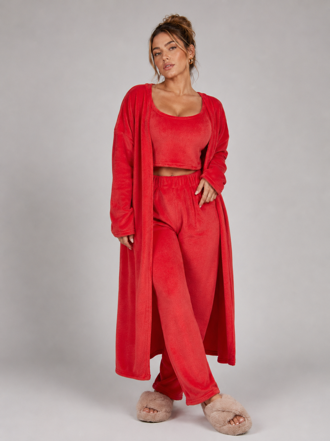 Women's 3 Piece Pajama Set Cozy Fleece Lounge Set Top Pants and Cardigan Winter