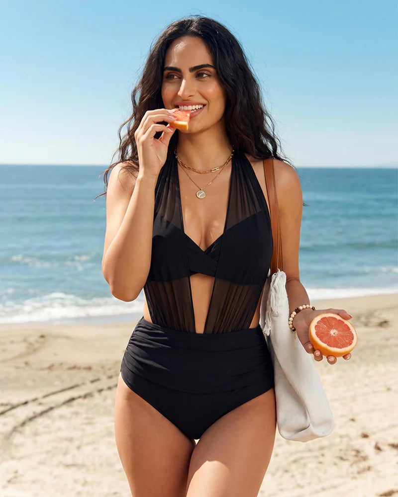 High Waist Deep V Neck Tummy Control Bikini Set Two Piece Beach Swimsuit