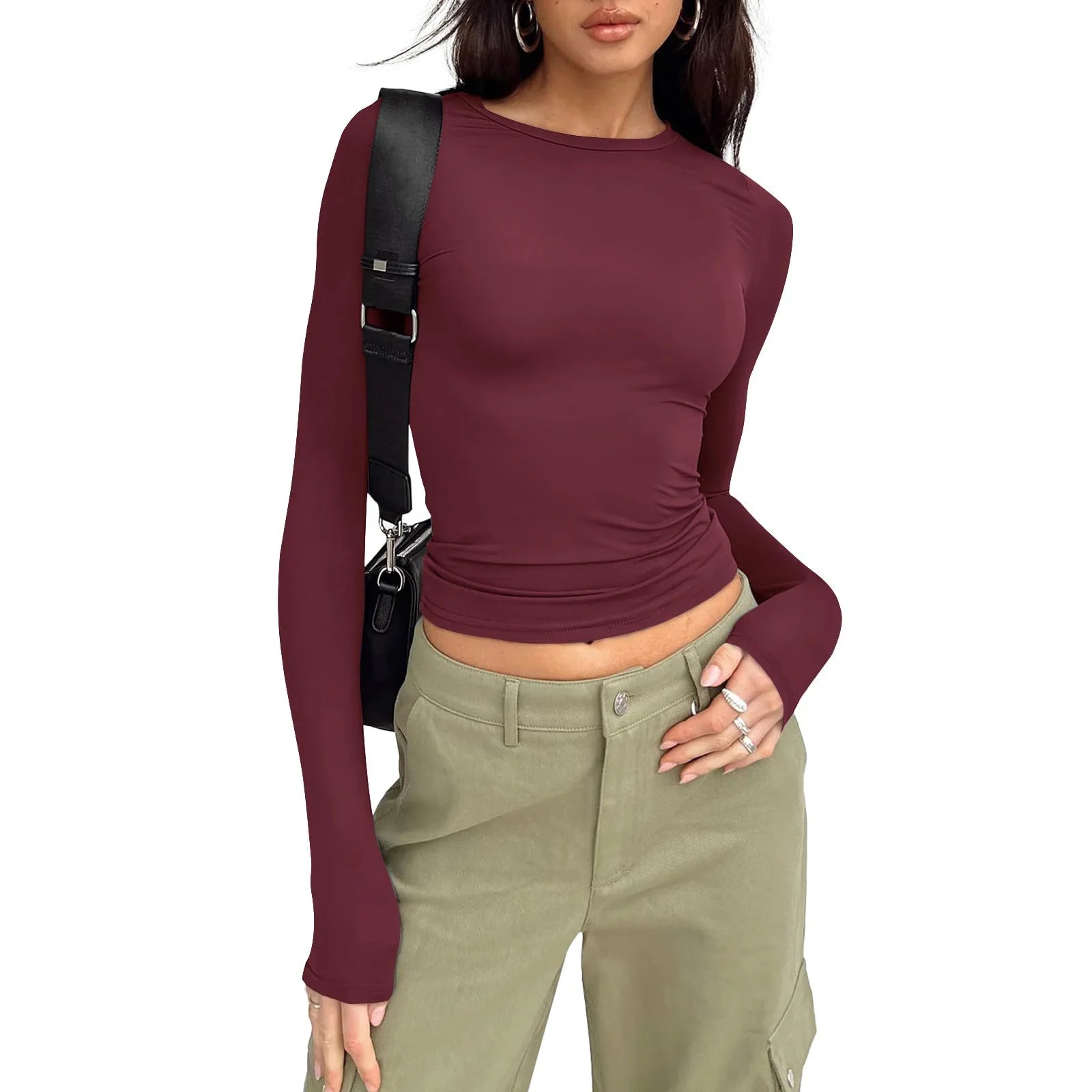 T Shirt Women 2026 Fashion Casual Long-Sleeved Spring Autumn Solid Color Slim-Fit Pullovers Street Base Top Women'S Clothing