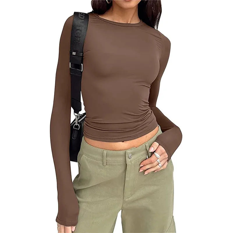 T Shirt Women 2026 Fashion Casual Long-Sleeved Spring Autumn Solid Color Slim-Fit Pullovers Street Base Top Women'S Clothing
